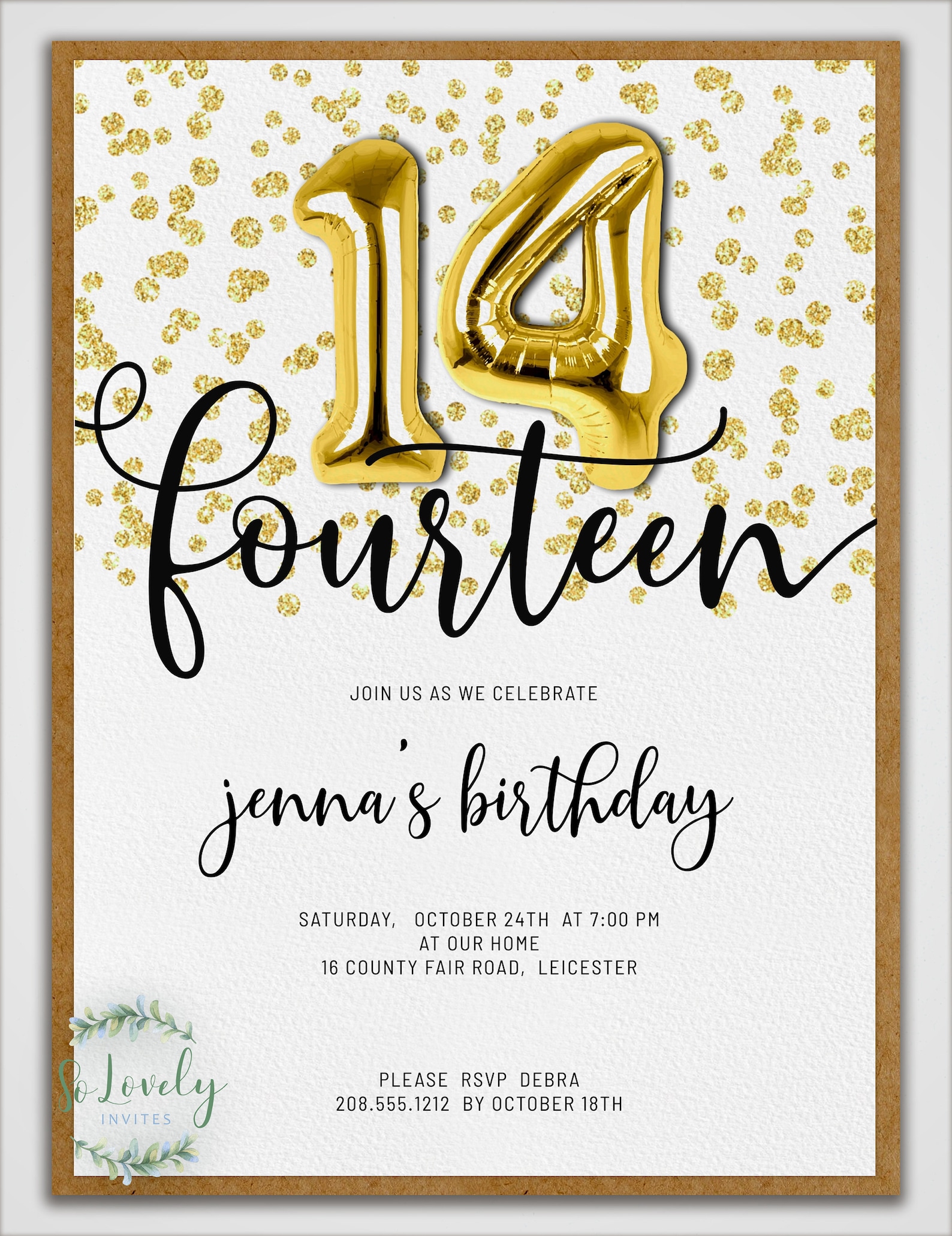 Gold Glitter 14th Birthday Invitation Editable Birthday Etsy 