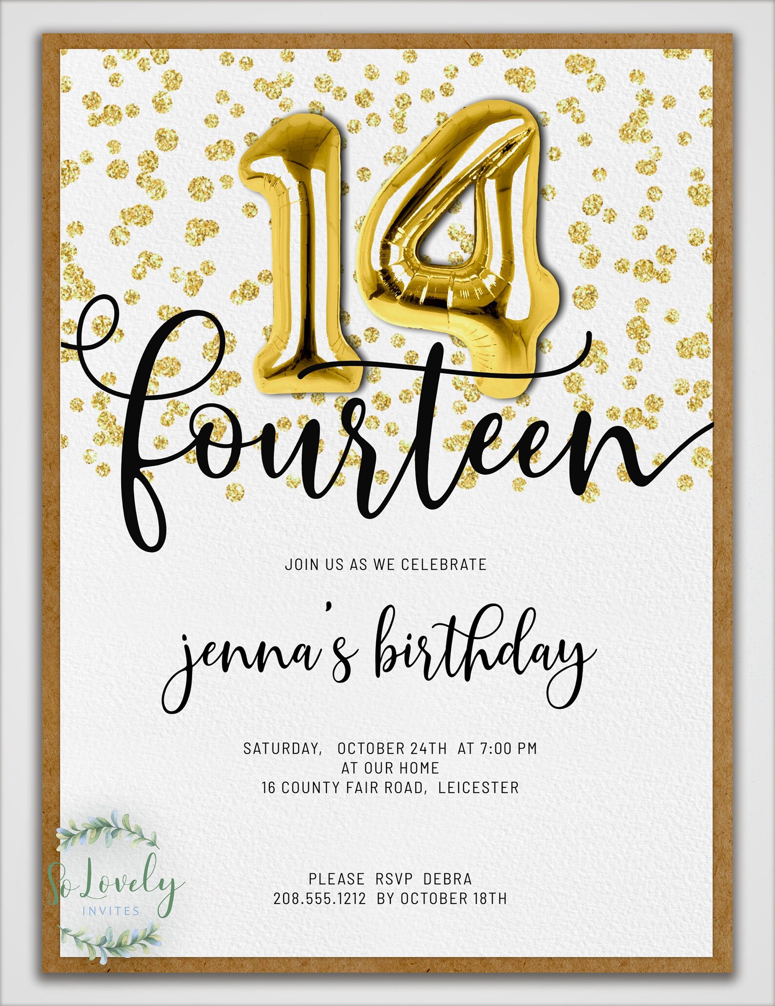 Gold Glitter 14th Birthday Invitation Editable Birthday Etsy