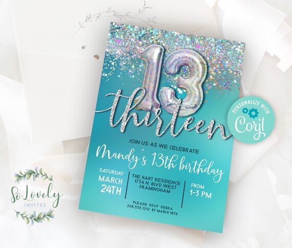 Teal and Silver Holo Glitter 13th Birthday Invitation - Etsy