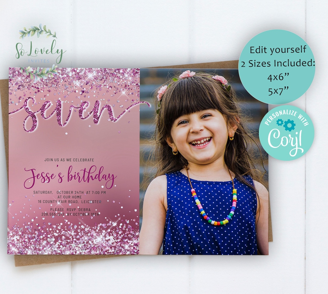 Rose Sparkle Glitter 7th Birthday Photo Invitation, EDIT Yourself ...