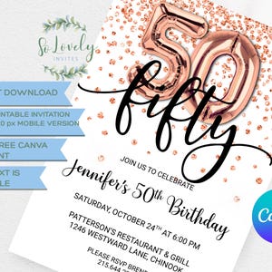 Rose Gold Glitter 50th Birthday Invitation, Editable Birthday Invite for fab fifty Birthday Party, 2 sizes, DIY Edit yourself image 5