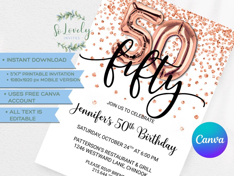 Rose Gold Glitter 50th Birthday Invitation, Editable Birthday Invite for fab fifty Birthday Party, 2 sizes, DIY Edit yourself image 5