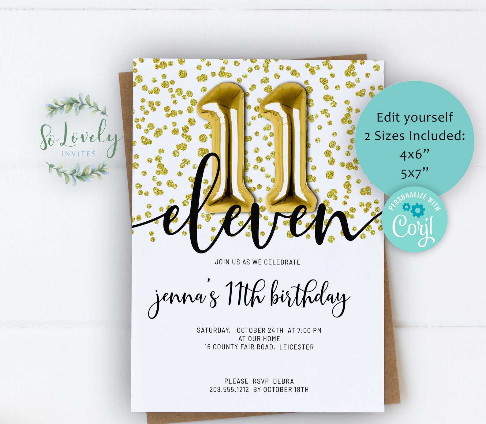 Gold Glitter 11th Birthday Invitation EDIT YOURSELF Birthday Etsy