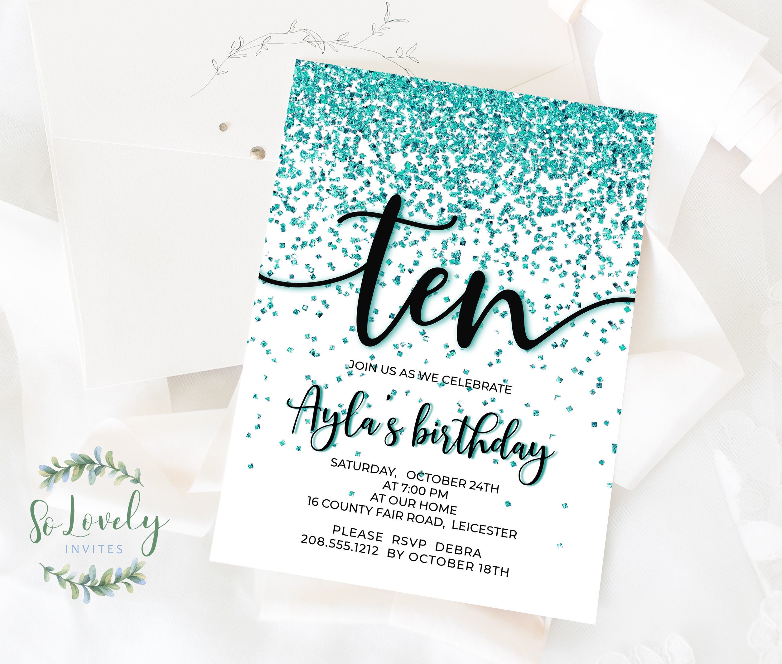 Teal Blue Glitter 10th Birthday Invitation EDIT YOURSELF | Etsy