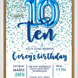 Blue & Green Glitter 10th Birthday Invitation EDIT YOURSELF - Etsy
