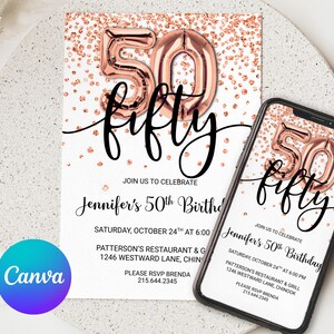 Rose Gold Glitter 50th Birthday Invitation, Editable Birthday Invite for fab fifty Birthday Party, 2 sizes, DIY Edit yourself image 1