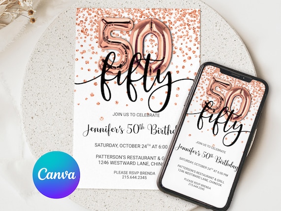 Rose Gold Glitter 50th Birthday Invitation,  Editable Birthday Invite for fab fifty Birthday Party, 2 sizes, DIY Edit yourself