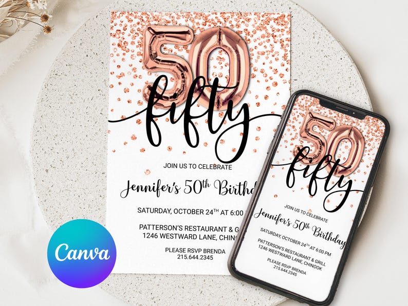 Rose Gold Glitter 50th Birthday Invitation, Editable Birthday Invite for fab fifty Birthday Party, 2 sizes, DIY Edit yourself image 1