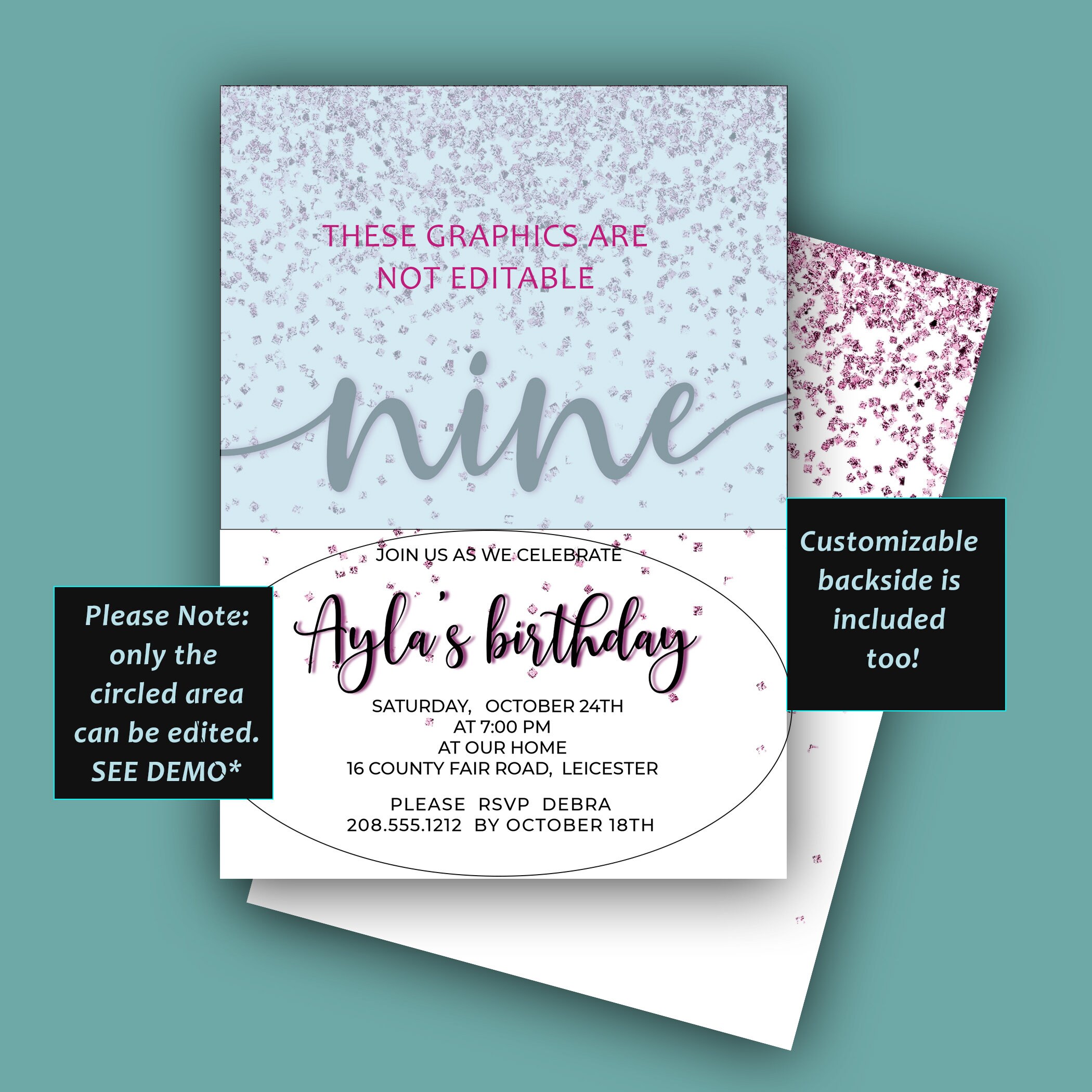 Orchid Purple Glitter 9th Birthday Invitation EDIT YOURSELF | Etsy