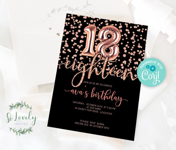 Invito di compleanno 18 compleanno glitter nero e oro rosa, invito di  compleanno modificabile per la festa di compleanno di 18 anni, 2  dimensioni, fai da te Modifica te stesso -  Italia