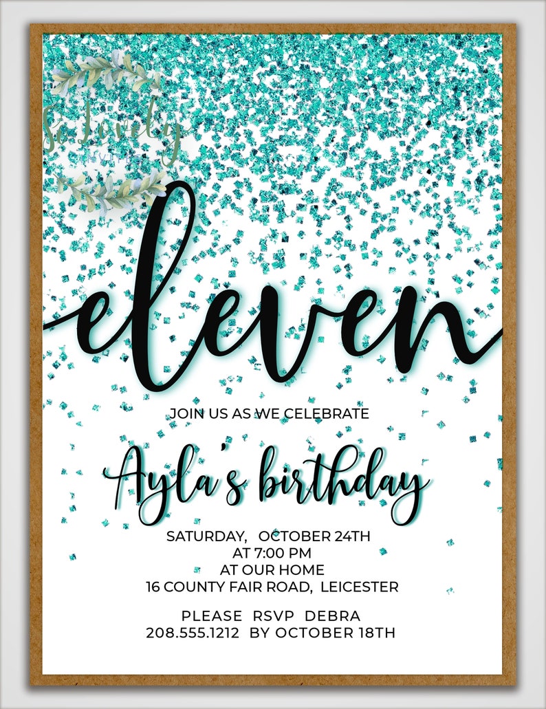 Teal Sparkly Glitter 11th Birthday Invitation Editable Etsy