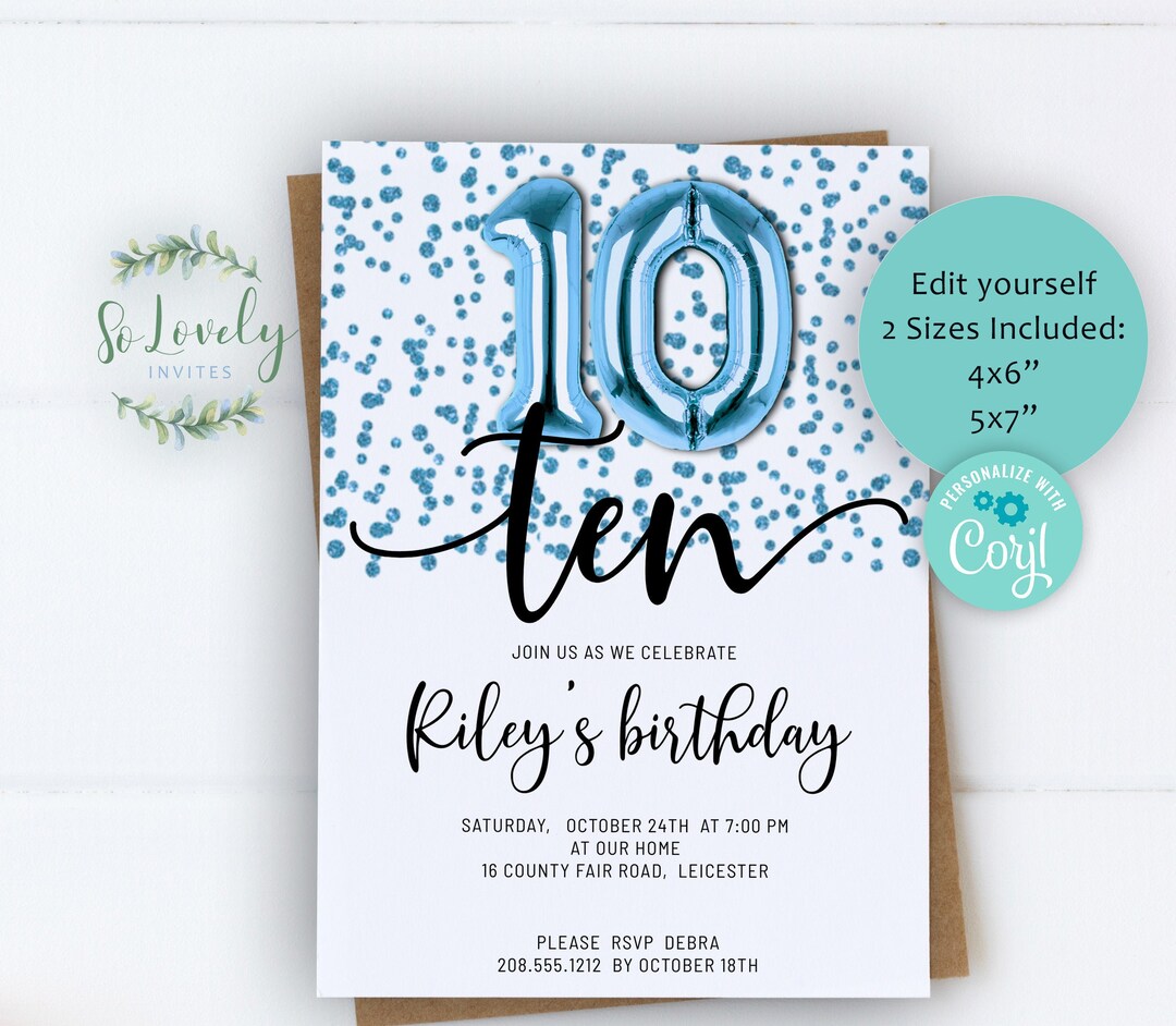 Blue Metallic Glitter 10th Birthday Invitation Editable - Etsy