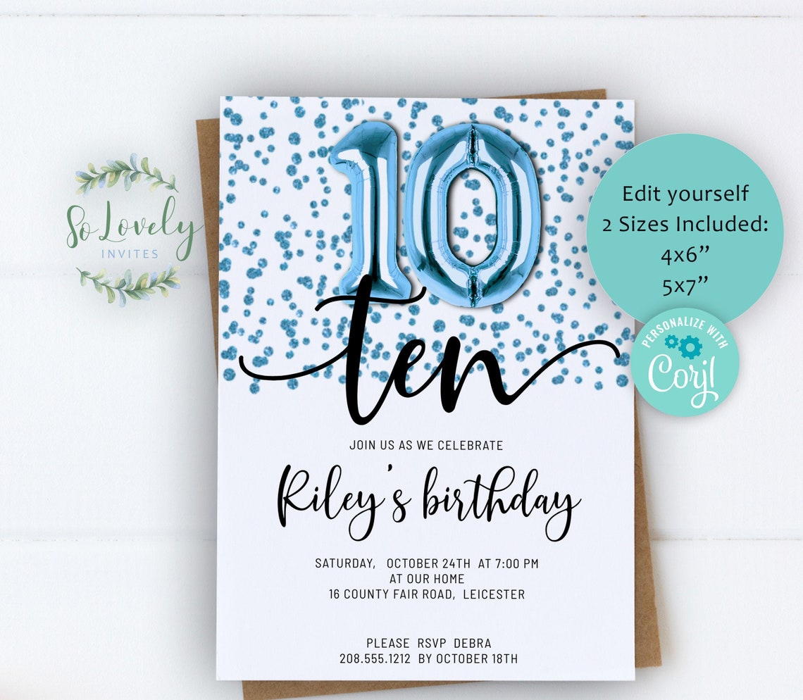 Blue Metallic Glitter 10th Birthday Invitation Editable - Etsy