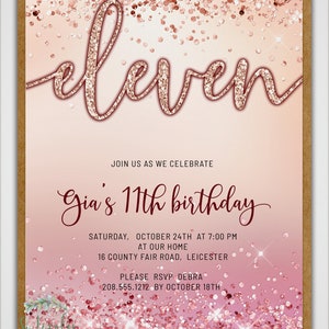 Rose Gold Glitter Background 11th Birthday Invitation EDIT - Etsy