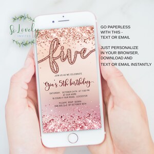 Rose Gold Glitter BG 5th Birthday Invitation, EDIT YOURSELF Birthday Invite for 5 year old Birthday -Text, email