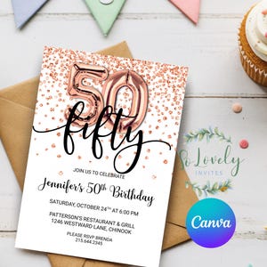 Rose Gold Glitter 50th Birthday Invitation, Editable Birthday Invite for fab fifty Birthday Party, 2 sizes, DIY Edit yourself image 7