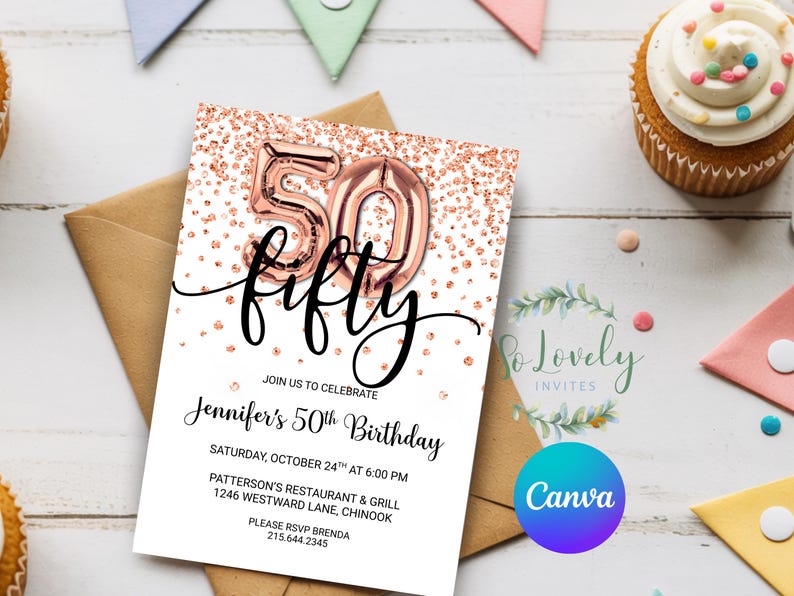 Rose Gold Glitter 50th Birthday Invitation, Editable Birthday Invite for fab fifty Birthday Party, 2 sizes, DIY Edit yourself image 7