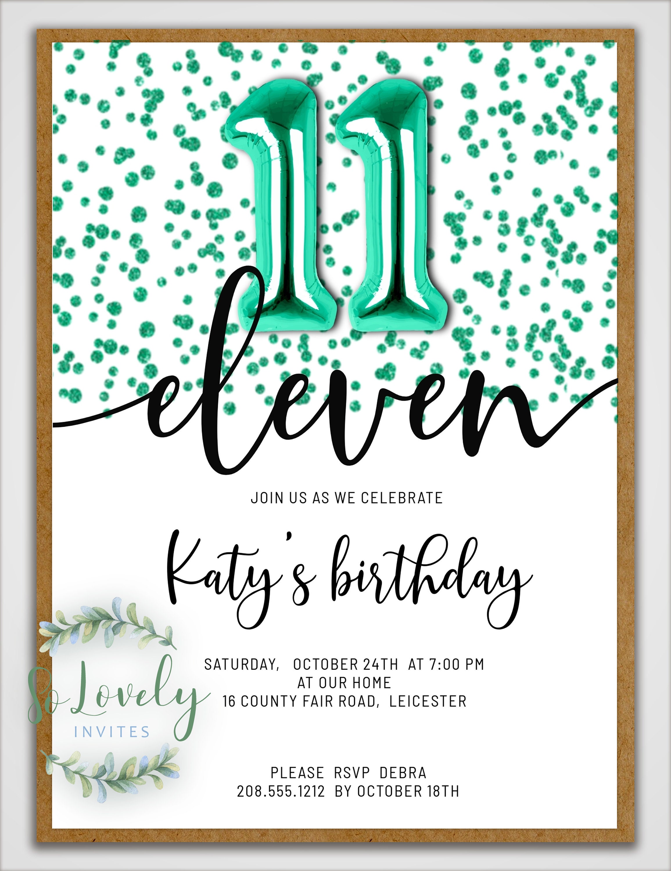 Metallic Turquoise Glitter 11th Birthday Invitation EDIT | Etsy