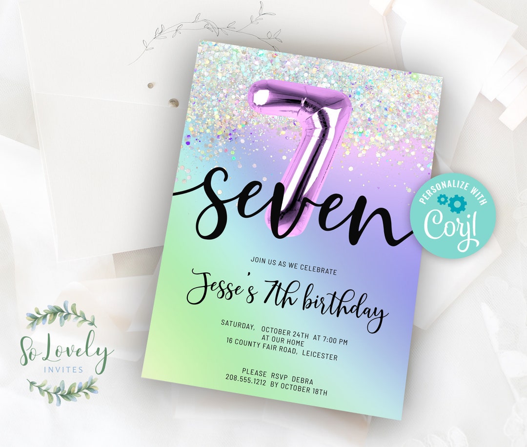 Purple Rainbow Holo Glitter 7th Birthday Invitation, EDIT