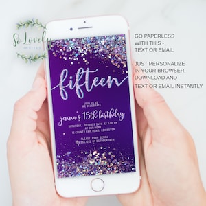 Purple and Silver Holo Glitter 15th Birthday- Mobile Electronic Digital Invitation- eVite- 1080x1920px- Send by text or email