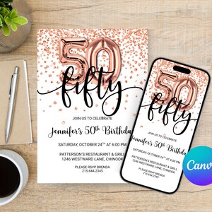 Rose Gold Glitter 50th Birthday Invitation, Editable Birthday Invite for fab fifty Birthday Party, 2 sizes, DIY Edit yourself image 8