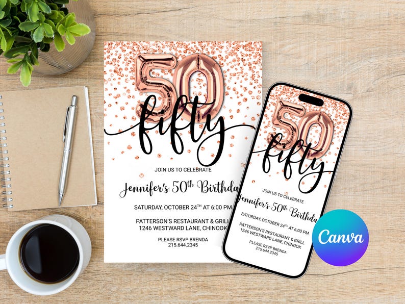 Rose Gold Glitter 50th Birthday Invitation, Editable Birthday Invite for fab fifty Birthday Party, 2 sizes, DIY Edit yourself image 8