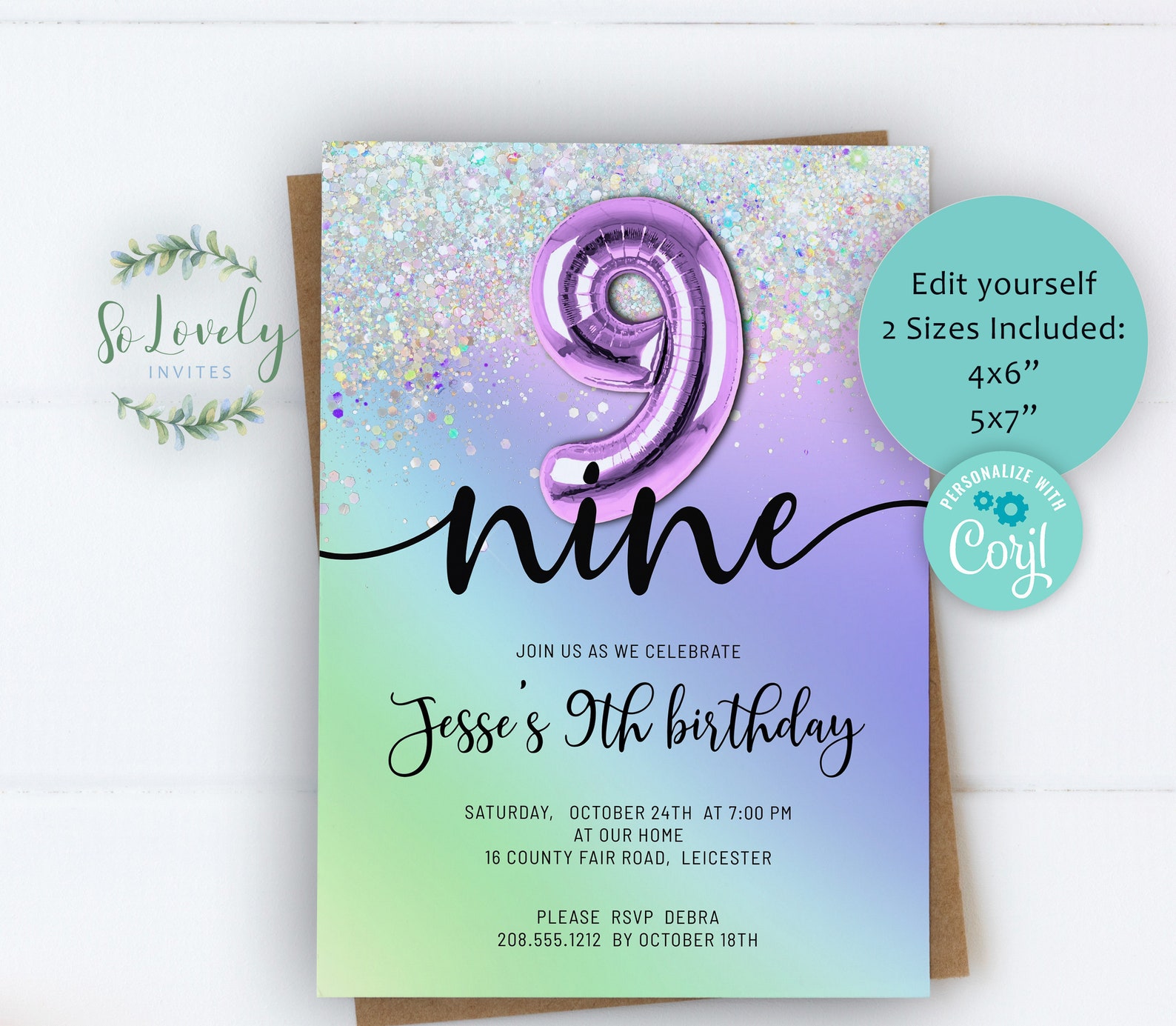 Purple Rainbow Glitter 9th Birthday Invitation Editable Etsy