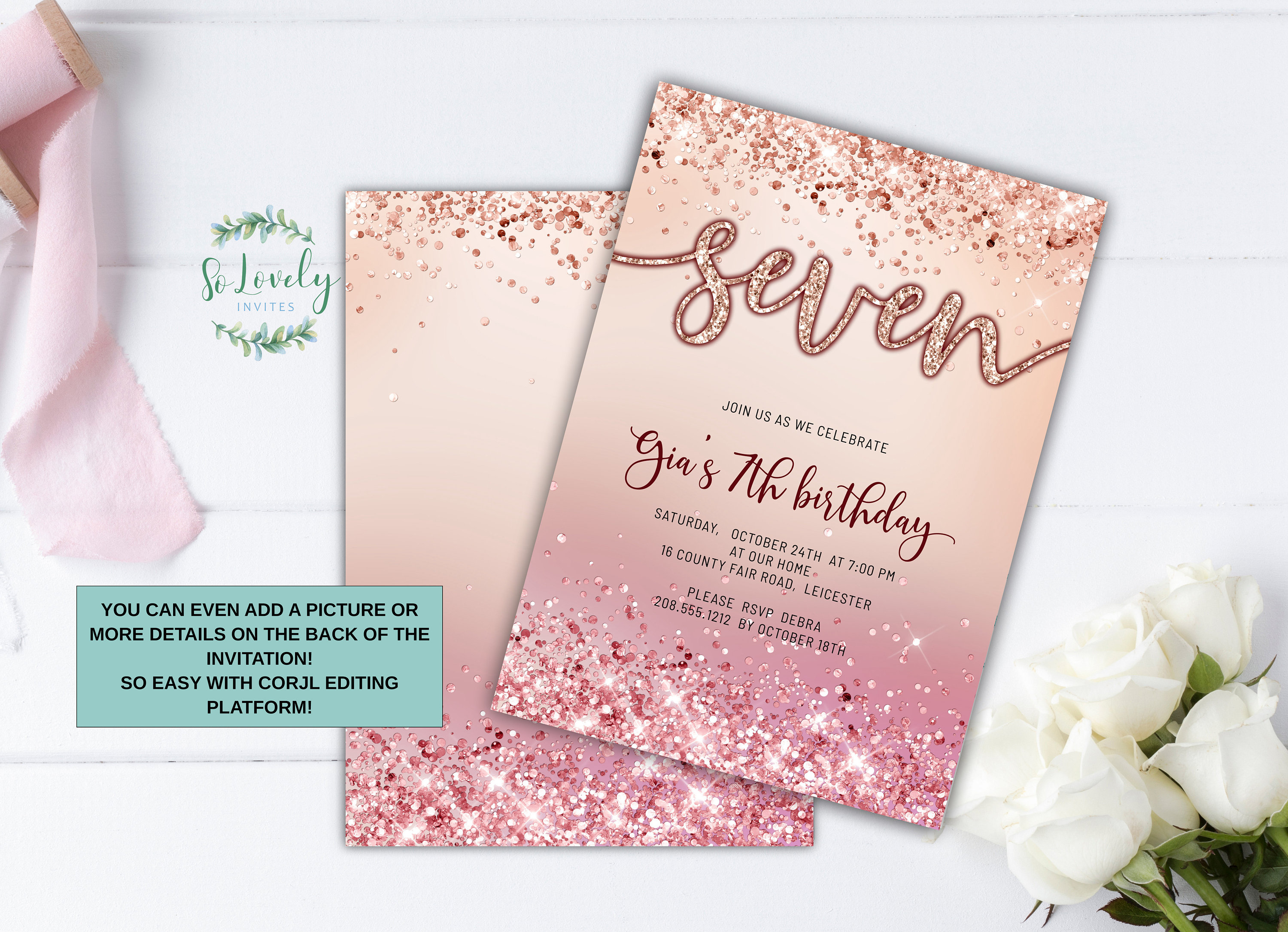 Rose Gold Glitter Background 7th Birthday Invitation EDIT - Etsy
