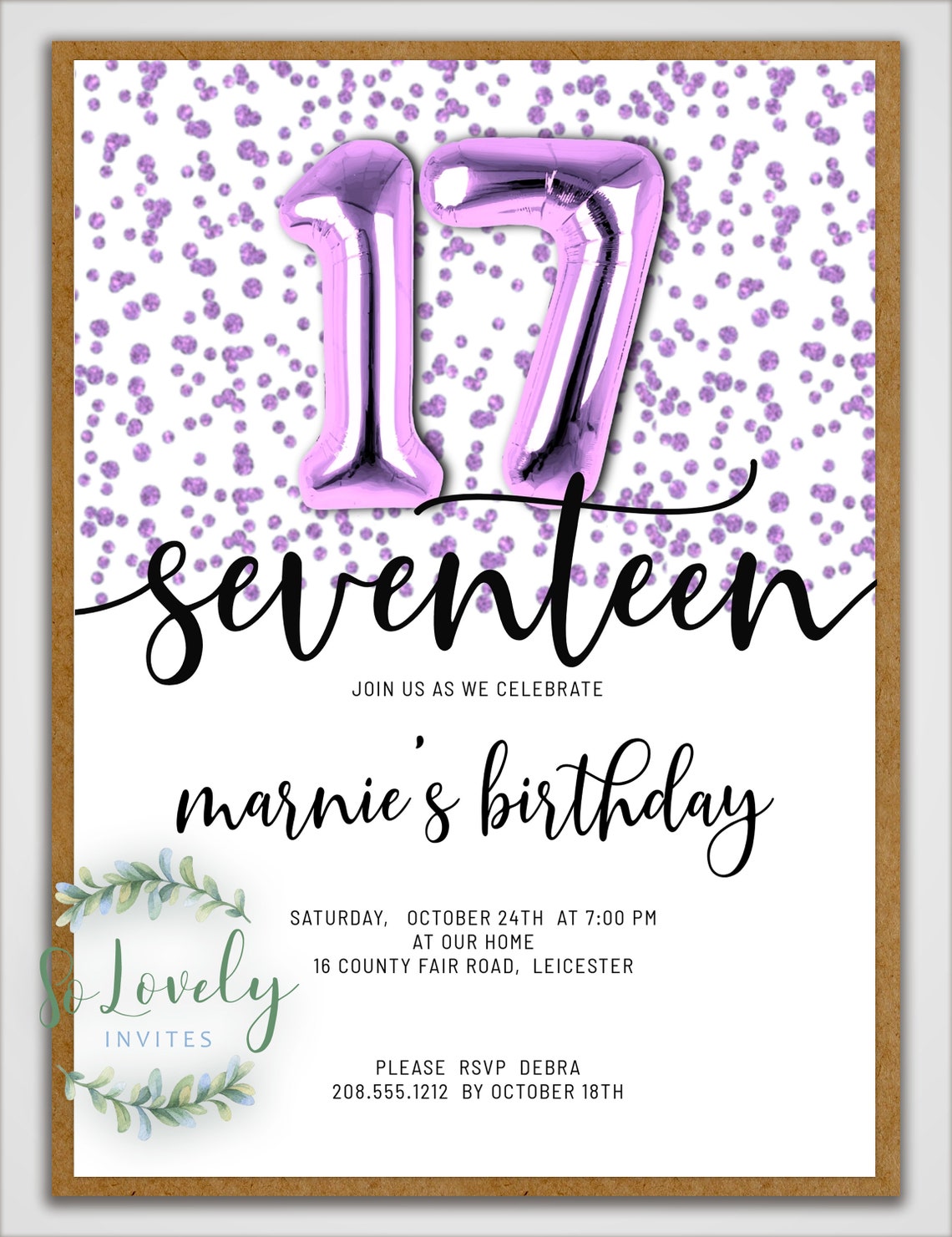 Metallic Purple Glitter 17th Birthday Invitation Editable - Etsy