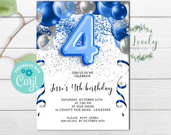 Blue and Silver Balloons 4th Birthday Invitation, EDIT YOURSELF Birthday Invite for 4 year old Birthday Party, 2 sizes, DIY Invitation