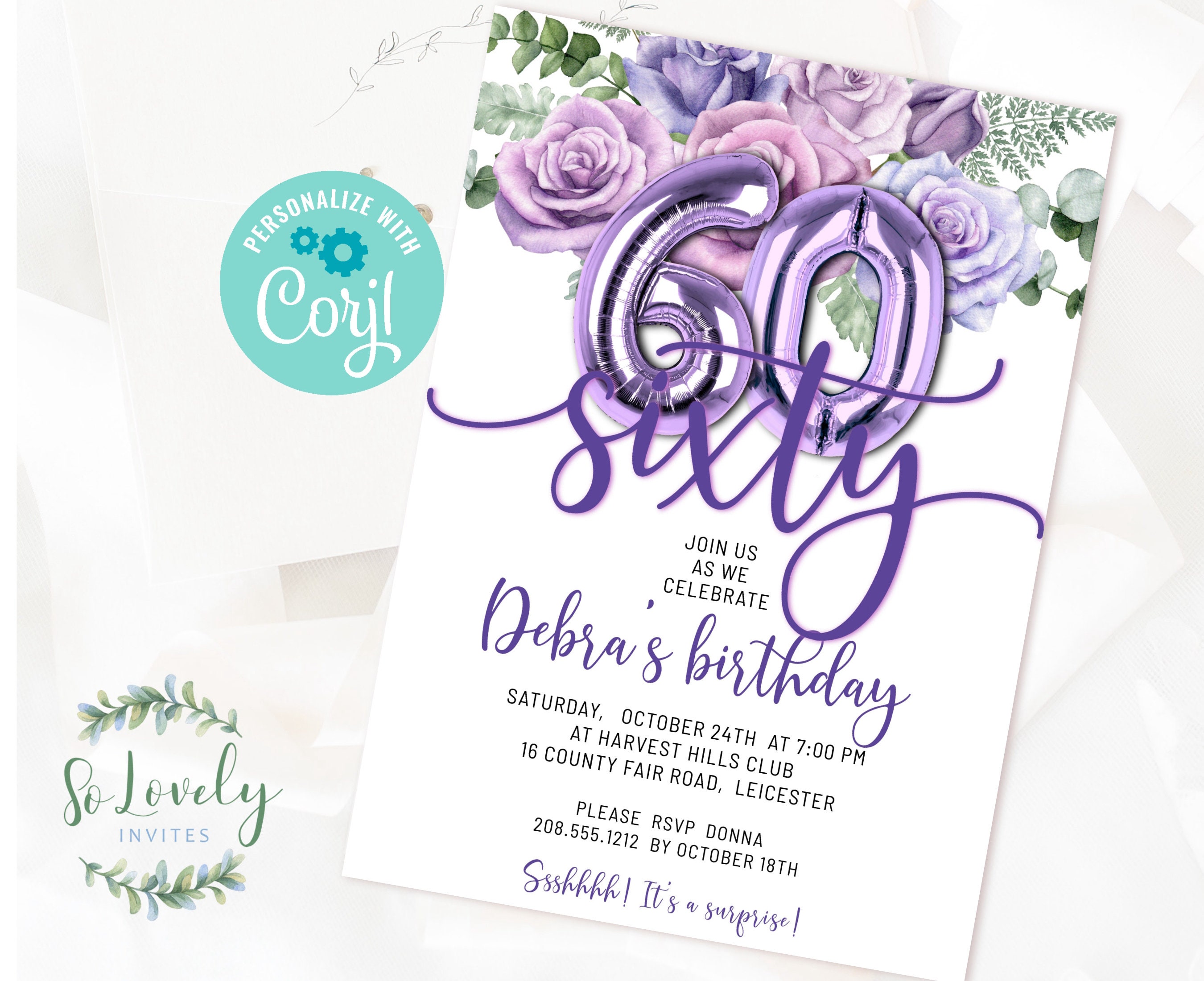 Purple Roses 60th Birthday Invitation Editable Birthday Etsy UK