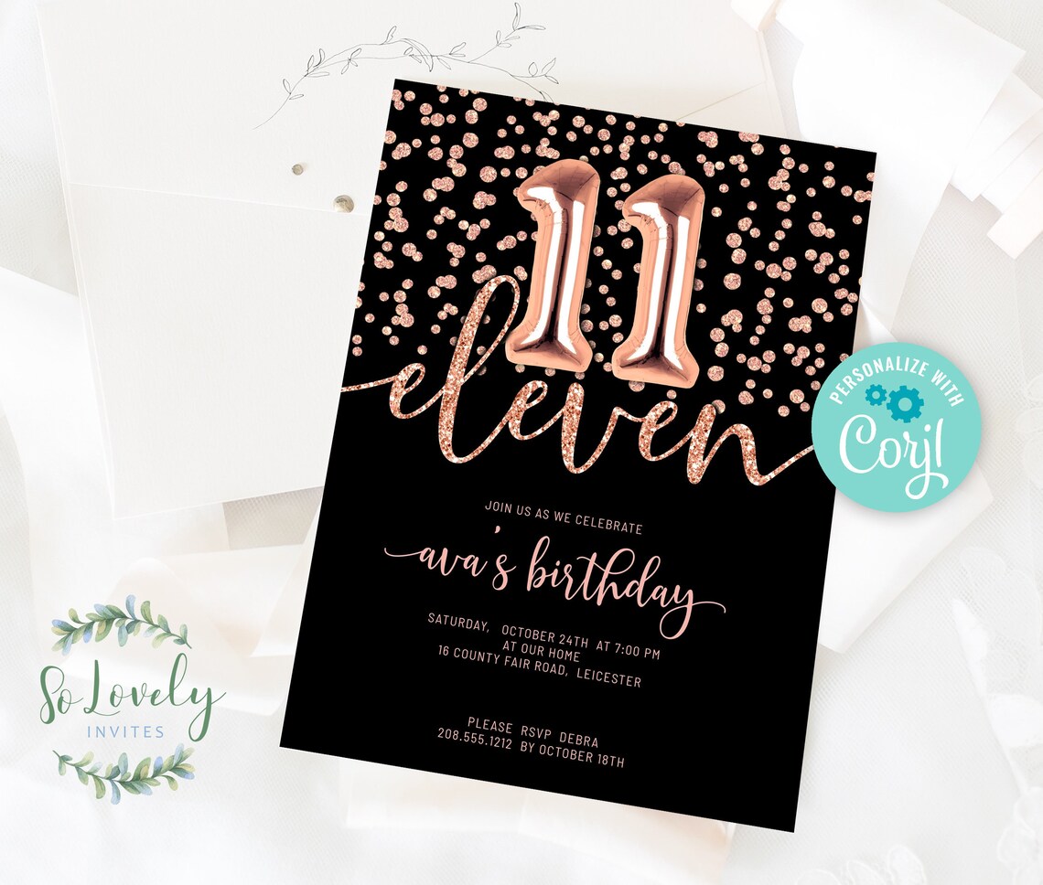 Black and Rose Gold Glitter 11th Birthday Invitation EDIT | Etsy
