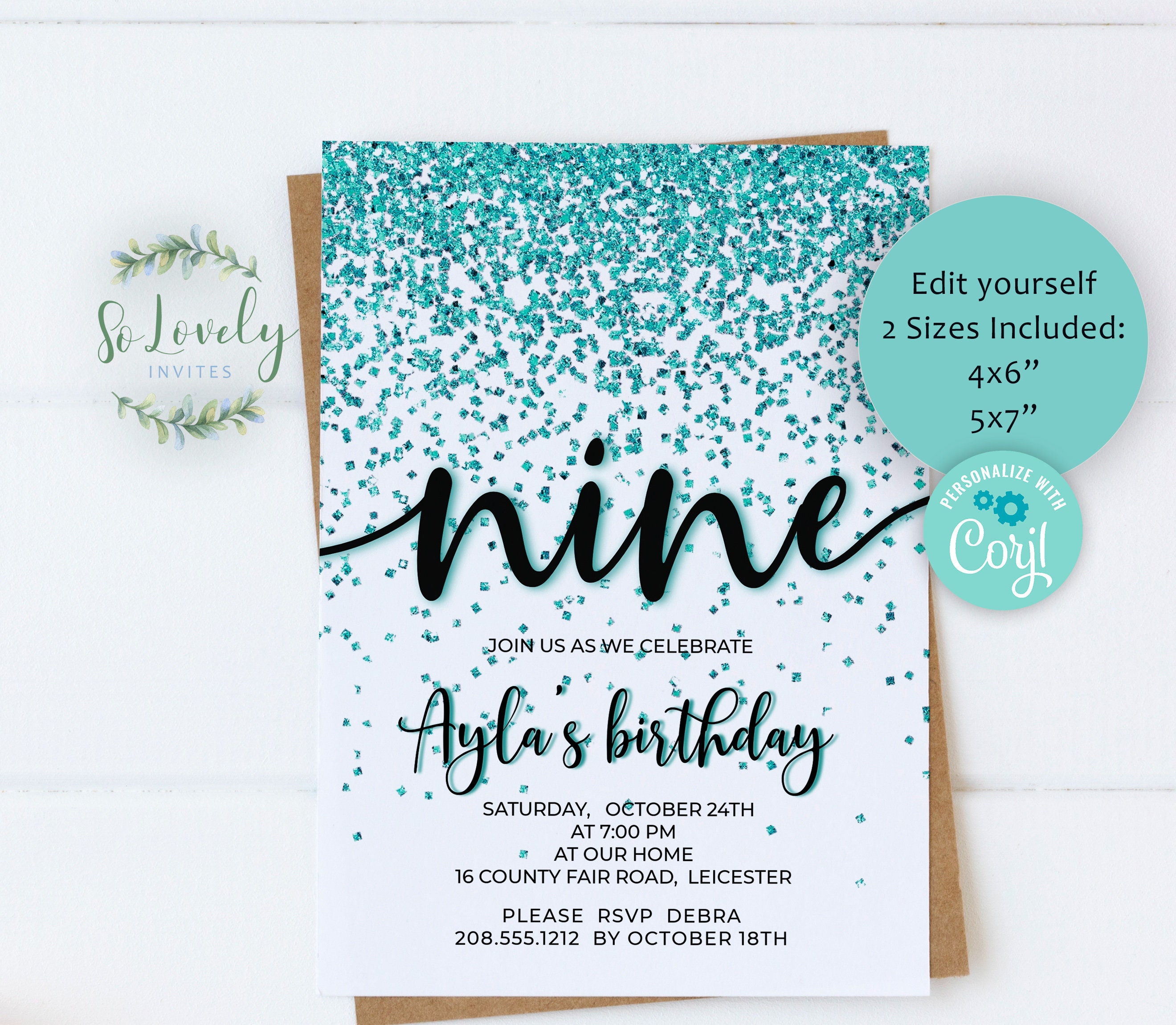 Teal Glitter 9th Birthday Invitation EDIT YOURSELF Birthday | Etsy