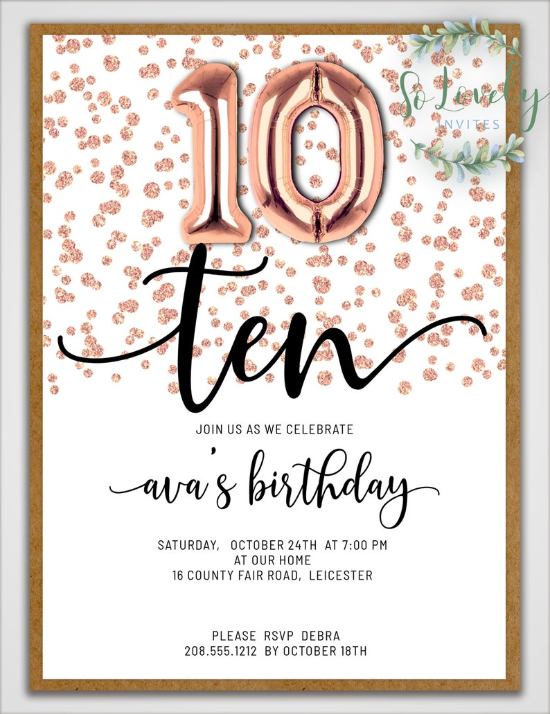 Rose Gold Metallic Glitter 10th Birthday Invitation Editable | Etsy