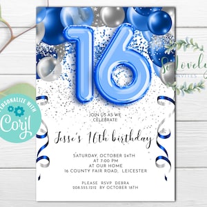 Blue and Silver Balloons 16th Birthday Invitation,  Editable Birthday Invite for Boy sixteen Birthday Party, 2 sizes, DIY Edit yourself