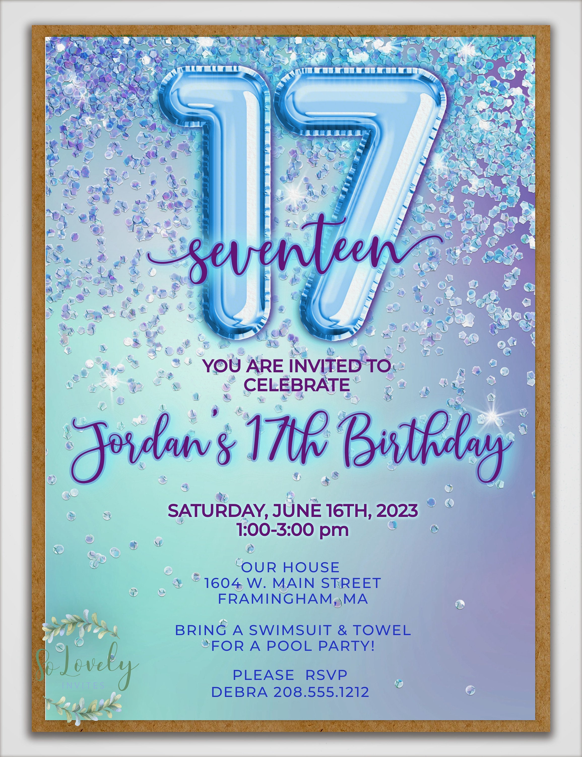 Invitación de cumpleaños número 17 con brillo azul cielo, invitación de  cumpleaños editable para el dulce diecisiete cumpleaños, 2 tamaños, edítelo  usted mismo - Etsy México, image size:2310x3000