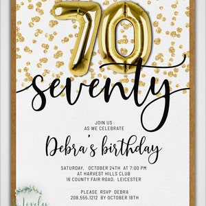 Gold Glitter 70th Birthday Invitation, Editable Birthday Invite for ...