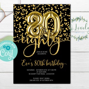 Black and Gold Glitter 80th Birthday Invitation,  Editable Birthday Invite Fab eighty Birthday, Black & Gold, DIY Edit yourself