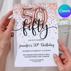 Rose Gold Glitter 50th Birthday Invitation, Editable Birthday Invite for fab fifty Birthday Party, 2 sizes, DIY Edit yourself image 2