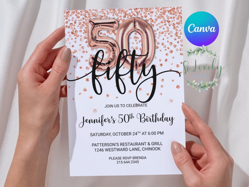 Rose Gold Glitter 50th Birthday Invitation, Editable Birthday Invite for fab fifty Birthday Party, 2 sizes, DIY Edit yourself image 2