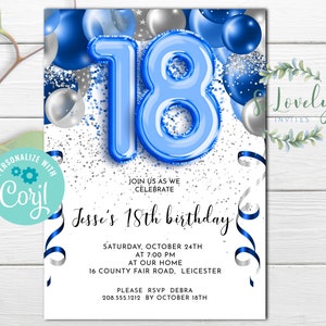Invito di compleanno del 18° compleanno con palloncini blu e argento, invito di compleanno modificabile per la festa di compleanno di 18 anni, 2 dimensioni, fai da te Modifica te stesso
