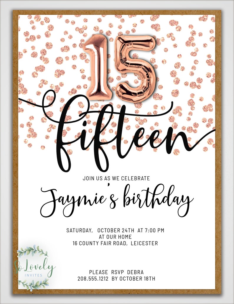Rose Gold Glitter 15th Birthday Invitation Editable Birthday Etsy