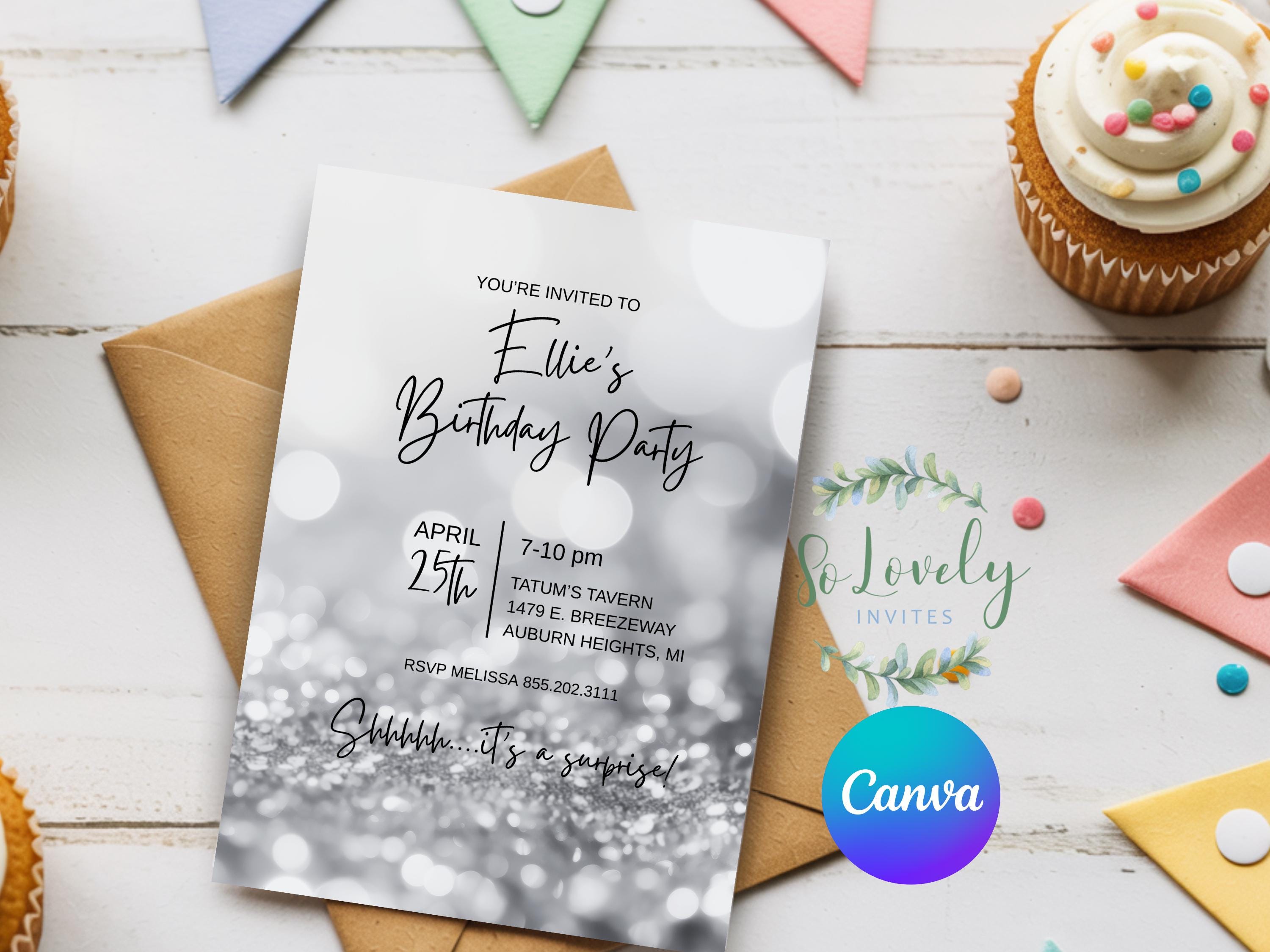 Silver Invite Editable Silver Birthday Invitation | Surprise Adult Party Invite ...