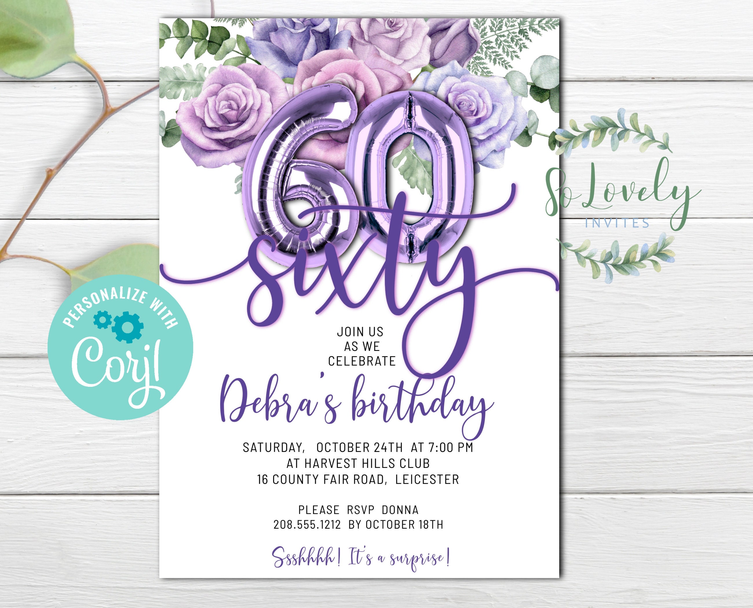 Purple Roses 60th Birthday Invitation Editable Birthday Etsy UK