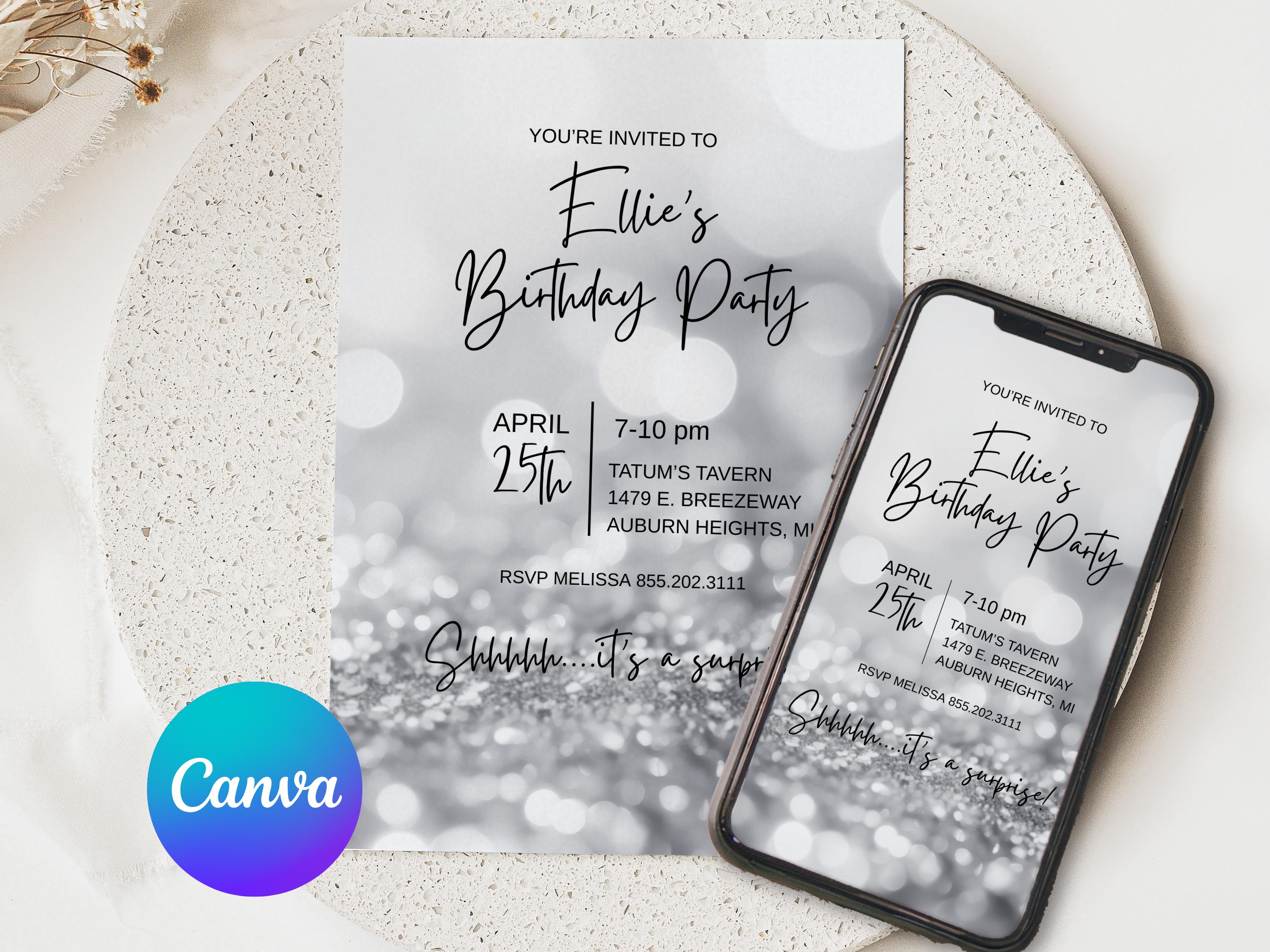 Silver Invite Editable Silver Birthday Invitation | Surprise Adult Party Invite ...