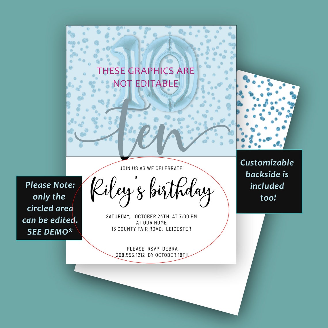 Blue Metallic Glitter 10th Birthday Invitation Editable - Etsy