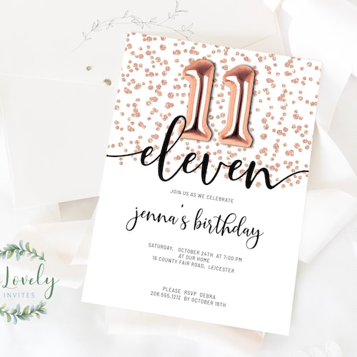 11th Birthday Invitation Rose Gold Glitter Birthday Party 11 Etsy