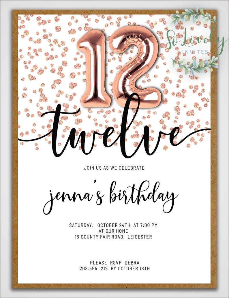 Rose Gold Glitter 12th Birthday Invitation EDIT YOURSELF - Etsy
