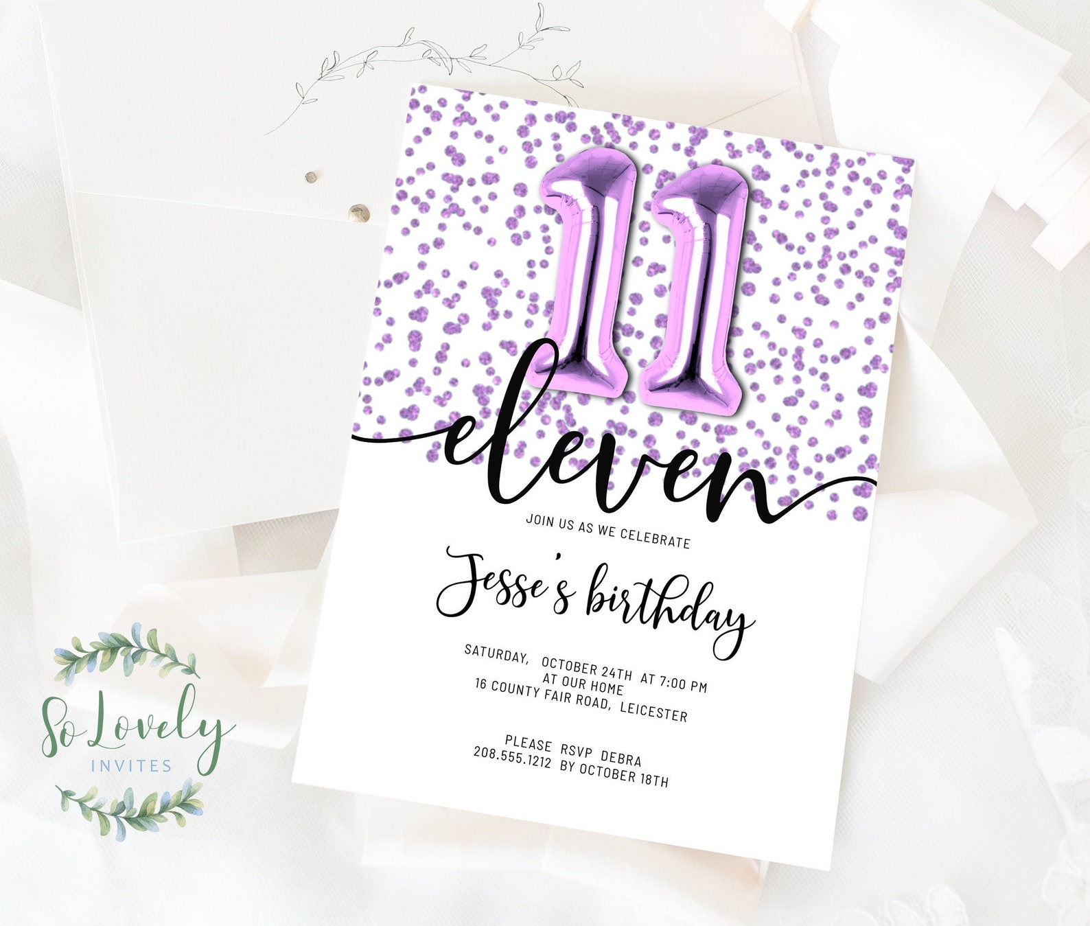 Metallic Purple Glitter 11th Birthday Invitation Editable Etsy