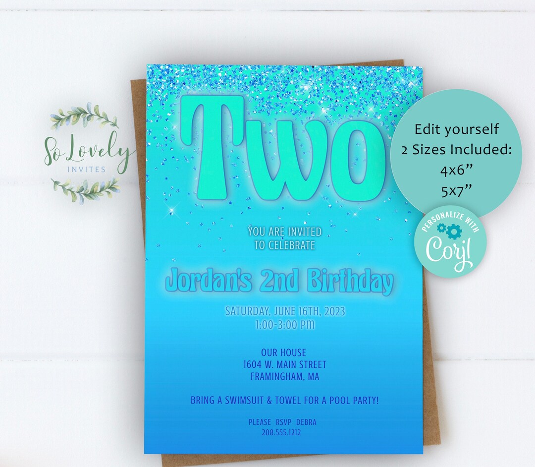 Two Birthday Invite Retro Blue Green 2nd Birthday Invitation, Editable Birthday Invite for ...